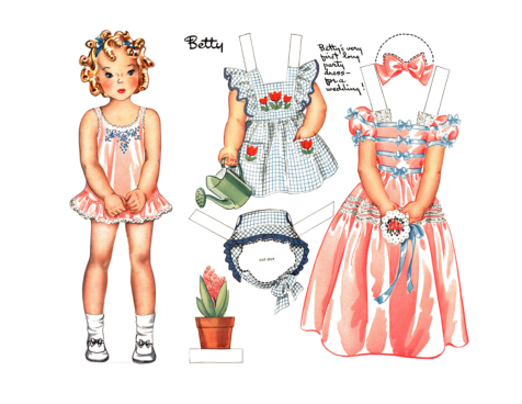 Página vintage de boneca de papel com vestidos para recortar