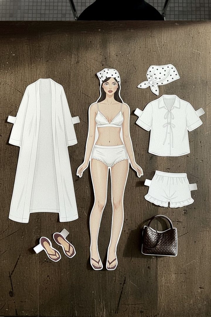 Boneca de papel recortada com roupão, camisa, short, lenço e bolsa espalhados na mesa