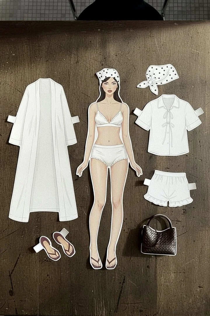 Boneca e roupas recortadas espalhadas na mesa